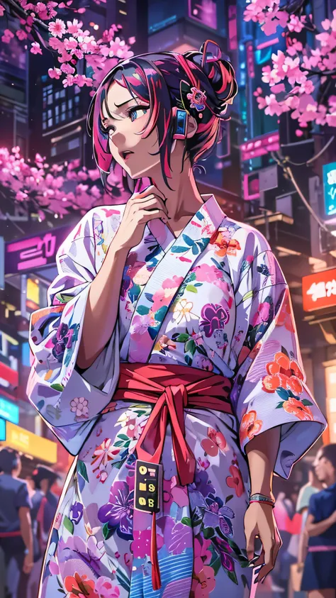  full body high definition image ， in a complicated colorful cyberpunk city、Beautiful woman in a white floral yukata ,  beautiful,  girl,  detailed background, 4k yen,  bright color,  face details、 full body high quality image , Cinematic dramatic atmosphe...