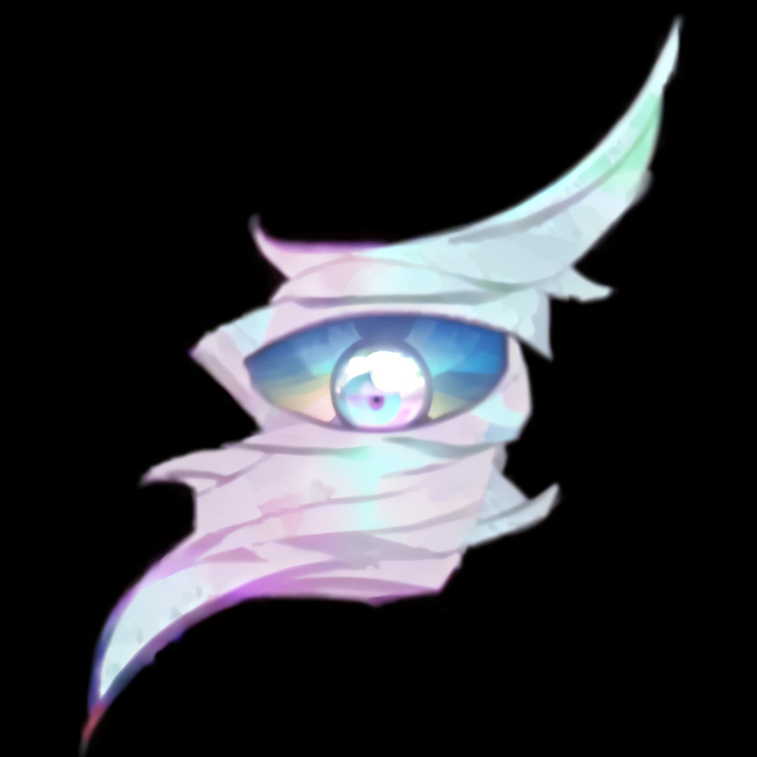   close-up of a cartoon bird with a long tail,  Discord Profile Picture , No PFP,  1024 Pixel Personal Avatar, Avatar pictures, Malfunctioning eyes, Flashing like a rainbow , 幽灵般闪闪发光, Eyeless observer,  faulty core wizard core , glowin eye , Dueler style, ...