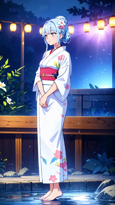  full body high definition image ，A beautiful woman in a white floral yukata in the center of the colorful hot spring town 、Beautiful woman in a white floral yukata ,  beautiful,  girl,  detailed background, 4k yen,  bright color,  face details、 full body ...