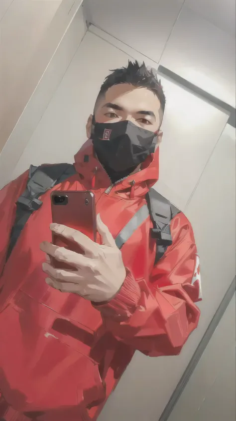 A young guy in a red hoodie and a black mask with a mobile phone,  in Japanese techno uniform , in a red hoodie, in a red hood ,  in a black mempo mask , red ninja ,  The villain in the red mask They are ,  technological image and clothes , trending on r/T...