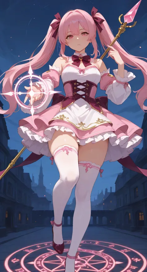 (masterpiece, best quality, newest:0.9), 1girl, (mature female:0.2), pink short dress, maroon bowtie, frills, white trim, twintails, long hair, thighhighs, detached sleeves, holding weapon, aiming, holding staff, futuristic mage staff, detailed hands, mida...