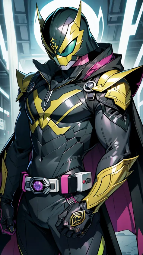 kamen rider、Male 45 years old, height 2 meters,  Kamen Rider with perfume motif  、 mechanical armor 、 metal texture 、one person、 helmets 、silencer 、big eye、 Raiwa Kamen Rider . cyberпанк、near future 、bright color、8 k、clear contours、 tokusatsu 、 Electromech...