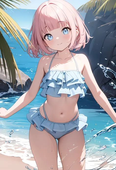 (ultra-detailed:1.5),( cute girl,loli:1.4),( swimsuit),(cute light blue eyes ),( pink hair, bob hair,blunt bangs:1.1),Big thighs, Beach ,water surface, splashes, cowboy shot,(8k, best quality, masterpiece, clear, ultra high res, super detail, accurate, hig...