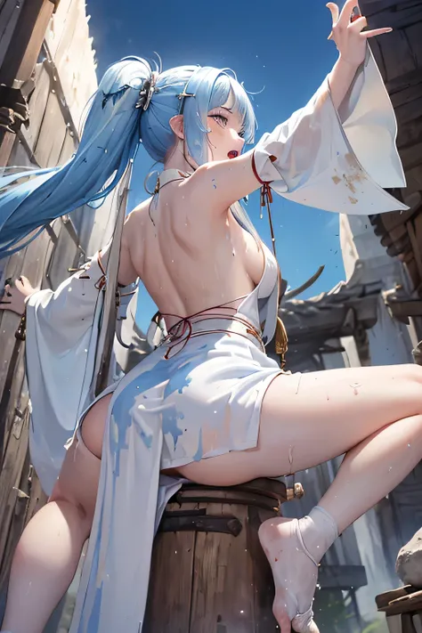 Female priestess, pure white priest robe,LONG (blue) hair, ((mini skirt)),((panty shot)),((photo taken from below)), (Village), (casting a spell),(open mouth),(((raise one arm))),(((mud and grime))),(strong wind),((sweat)),(((back view)))),(female genitali...