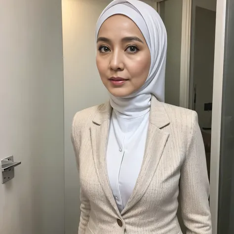 56 years Old, Hijab Indonesian mature woman, (White Skin :1.2), ( Massive Large  : 1.2), Blazer, Slim body, at doctor office, Bright light, at Datine