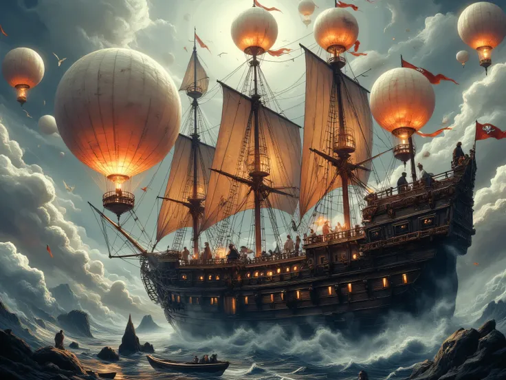 A majestic wooden ship with hot air balloons, in the style of steampunk, floating in the sky, surrounded by clouds and misty light. The scene is full of fantasy elements, with people on board dressed as pirates. The colors used are warm tones such as reds,...