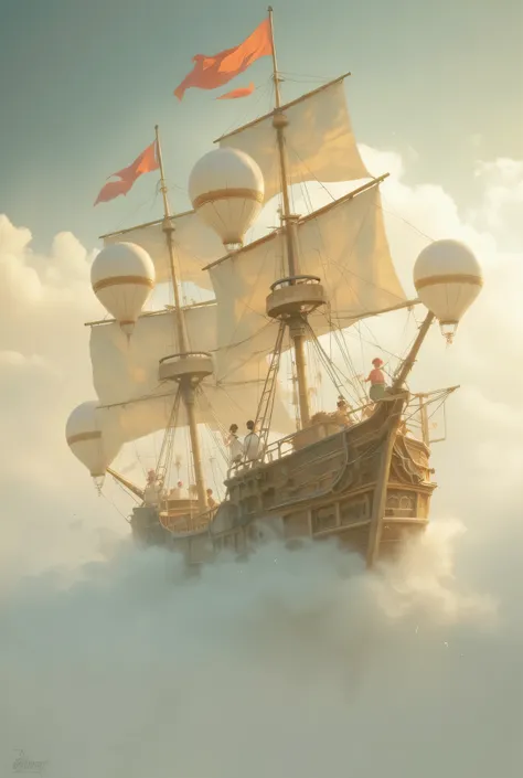 A majestic wooden ship with hot air balloons, in the style of steampunk, floating in the sky, surrounded by clouds and misty light. The scene is full of fantasy elements, with people on board dressed as pirates. The colors used are warm tones such as reds,...