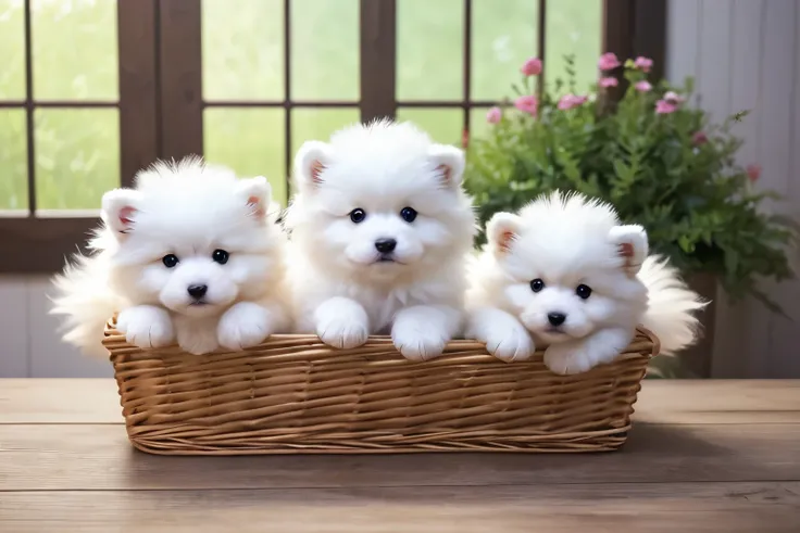 three white puppy are in a basket on a wooden table, puppy, Cute Animalss, Fluffy full of light, Fluffy!!!,  Cute Boy , Samoyed dog ,  cute digital art , soft and Fluffy,  cute and cuddly , Cute Animals,  VERY CUTE ,  cute digital painting ,  very cute,  V...