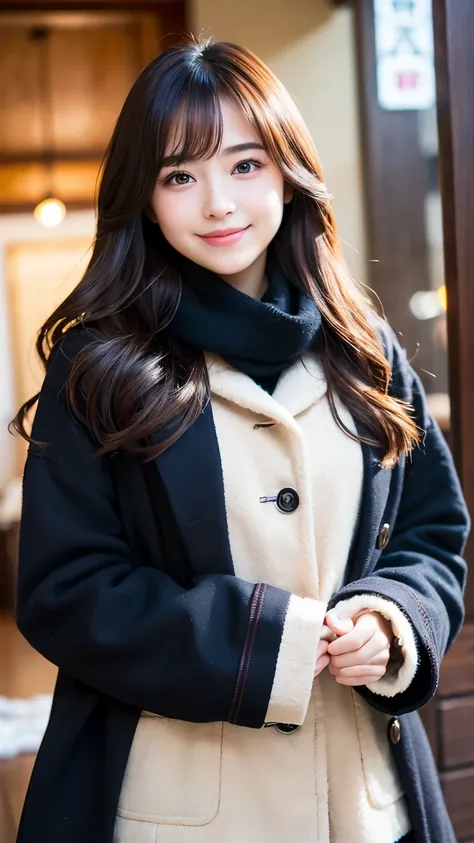 (Best-quality, Masterpiece, Ultra-High-Resolution, (Photorealistic:1.4), Raw Photo, depth of field, professional lighting), 1girl, 15-years-old, the most famous Japanese idol, (wearing adorable winter-outfits, coat, scarf, miniskirt, boots), (innocent smil...