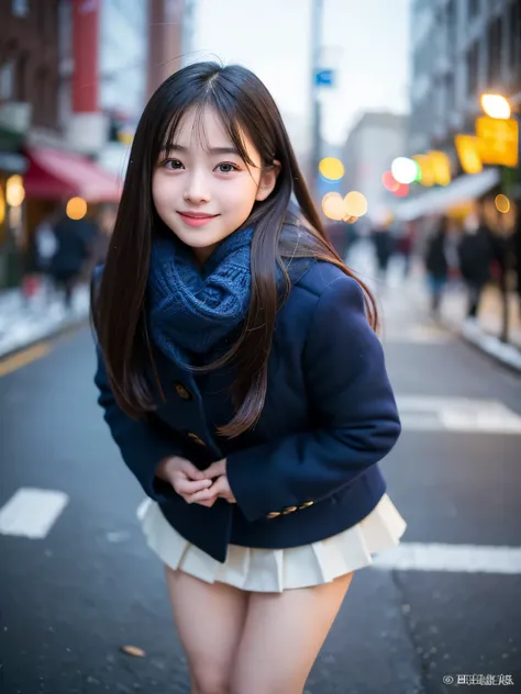 (Best-quality, Masterpiece, Ultra-High-Resolution, (Photorealistic:1.4), Raw Photo, depth of field, professional lighting), at winter street, 1girl, 15-years-old, the most famous Japanese idol, (wearing adorable winter-outfits, navy-blue coat, white scarf,...