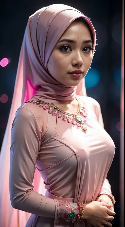 1 Malay girl, modern plain red hijab, shy, medium portrait, watery eyes, pink glowing particles, wearing kebaya covering the entire chest,pastel pink, (Standing:1.2), small breasts, pink light bokeh background, well-proportioned body,