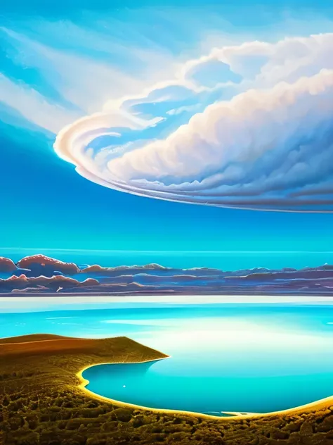 painting of a cloud formation over a body of water, airbrushed clouds, space clouds, glowing clouds, thunder clouds modernism, emitting spore clouds, rhads!!!, wlop and rhads, melting clouds, surreal clouds, clouds. fantasy, on cosmic cloudscape, thundercl...