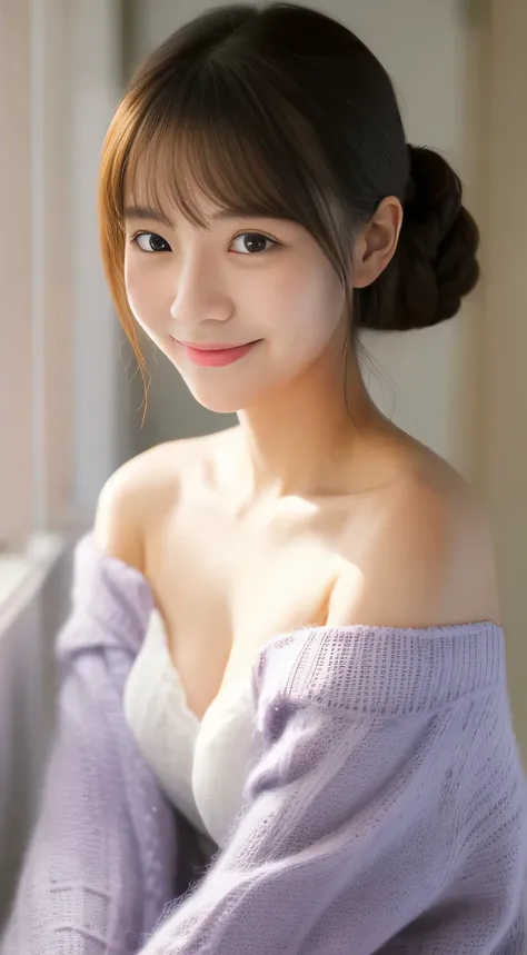 masterpiece,best quality,(Japanese girl),((Beautiful girl)),cleavage,(off shoulder:1.2),(perfect body beauty:1.2),(shy smile),From slightly above