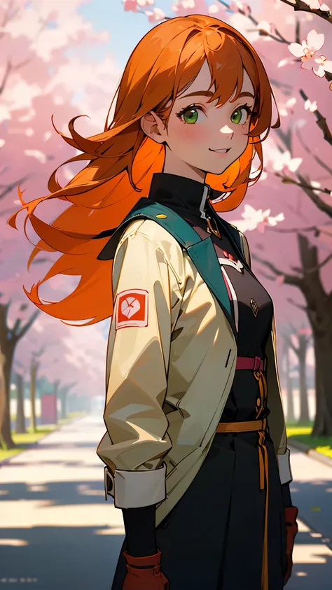 ( top quality 、 super detailed 、 reality)、 energetic girl 、 high school girl、 small breasts、 jacket、 orange hair、Green eyes、 shortcuts、 from the side、gloves、 bright smile、Standing in front of a street tree 、 upper body closeup 、Sakura Park、 sharp outline 