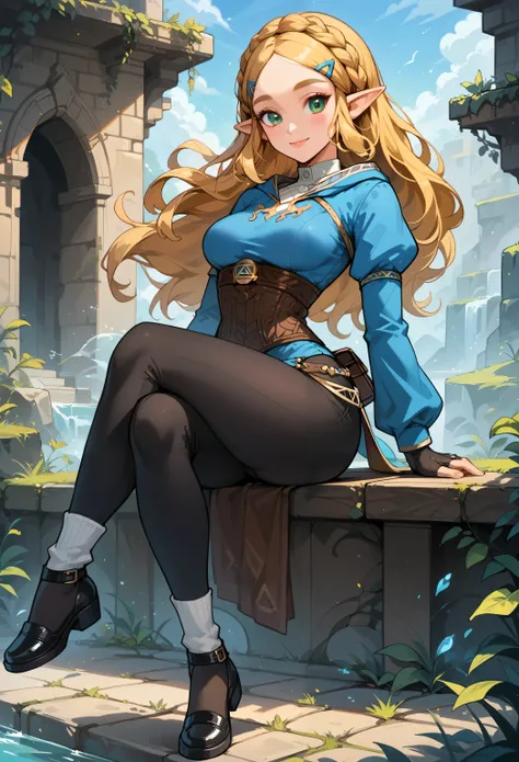 (extremely fine and beautiful:1.1), (perfect details:1.1), (finely detailed eyes and detailed face:1.3), ZeldaSDXL, Princess Zelda, narrow hips, medium breasts, slender thighs, small ears, pointy ears, braid, hair ornament, hairclip, gloves, black gloves, ...
