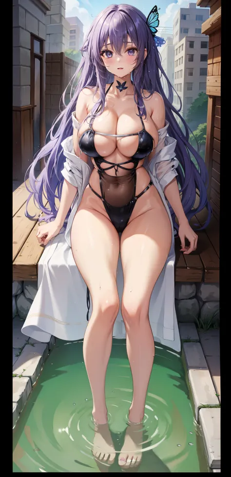 wife，  Big Breasts  ，exposed,    long hair，purple fairy ears，outcrop，纹胸，Big thighs ，wet，Water Drops。Aho,bath towel。Butterfly