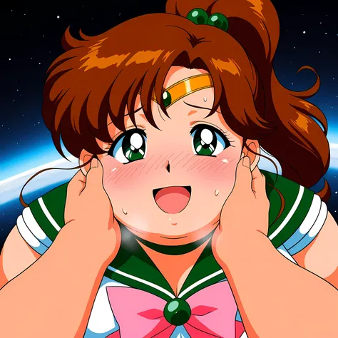 masterpiece, best quality, amazing quality, 1990s (style), retro artstyle, 1girl, sailor jupiter, brown hair, green eyes, ponytail, magical girl, looking  at viewer, dutch angle, (from side:0.5), space, star, smile, :d, cowboy shot, outstretched hand swoll...