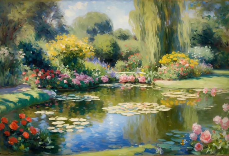 Garden painting with pond and flowers in the foreground, garden Pond Scene, Painting in the style of Renoir, Hernán Bás, by Blanche Hoschedé Monet, Colin Campbell Cooper Speed Art, 1 9 2 7 Oil on canvas, French Impressionism, Pond Scene, by Dorothy Cora,...