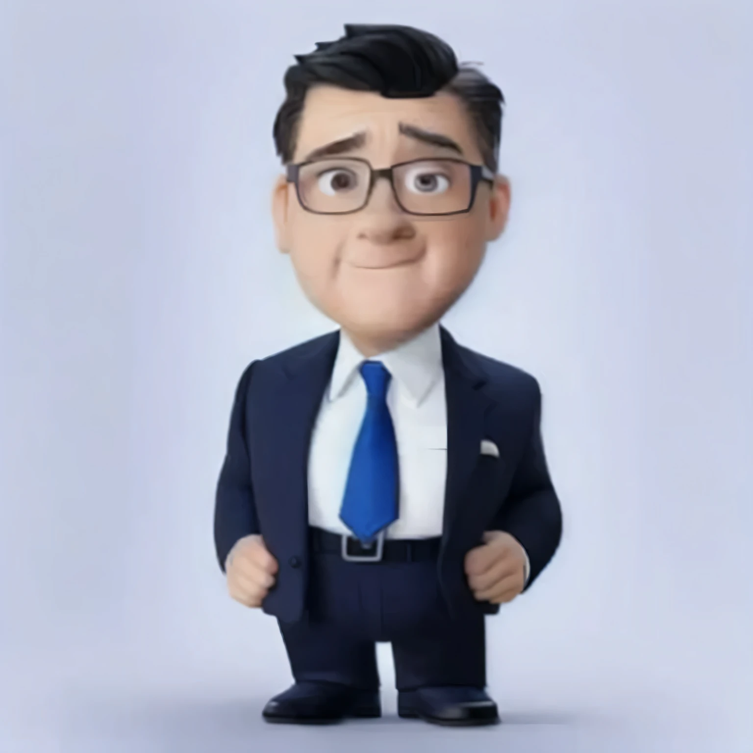  full body shot、 40 year old male、1 person、Black-rimmed glasses、両Put your hands down、 fat、 square outline 、Black short hair、 Very Short、The eyes are the same size 、Put your hands down、 Navy Suit 、 blue tie、 standing facing the front、 Professional by Tenny,...