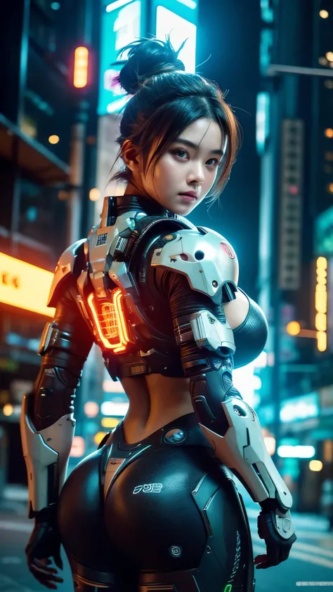 1girl, messy bun, cyborg, futuristic armor, neon city, expose big boobs, blurred background, intricate details, cinematic lighting, vibrant colors, hyperrealistic, octane render, photorealistic, 8k, best quality, masterpiece, ultra-detailed, sharp focus, p...