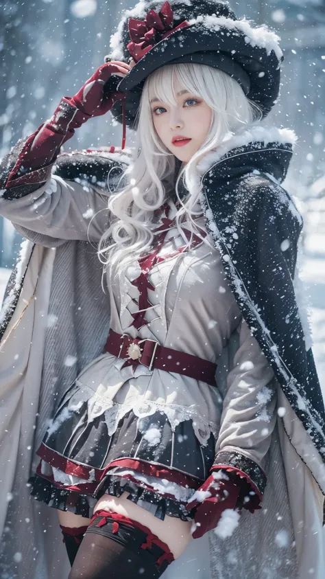 realistic,  high resolution, [ 1 female,  solo , (lolita costume)， Gorgeous outfit，facing the audience，Vision，Upper Leg，  Beautiful eyes , white hair, Eyelash swelling , (outside，heavy snow，cloak， covered with snow )，snowfield