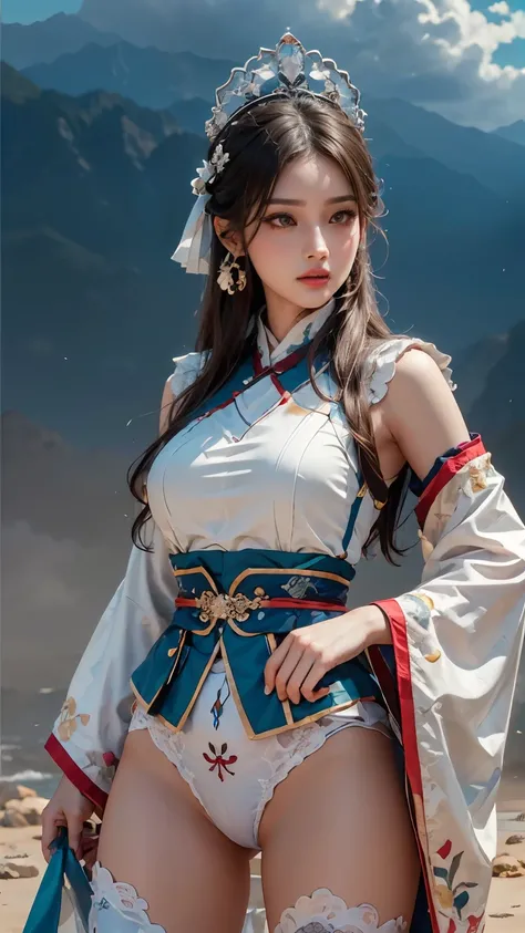 （mountain range in background， Rios， Auspicious clouds， kiosk， rays of sunshine， tmasterpiece， super detailing， Epic work， hyper HD， high high quality， Very meticulous） Hanfu woman,Phoenix Crown Tiara、Meticulous embroidery、Wear Hanfu、Wearing sleeveless Han...