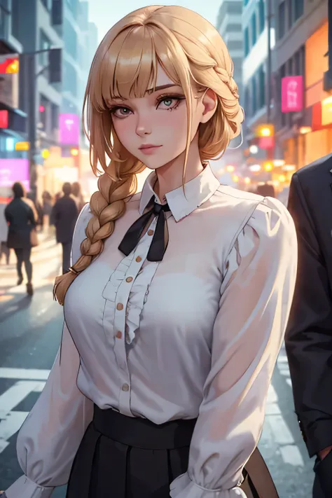 best quality, photorealistic, 1girl, woman,(skindentation), medium breast, (bright), (professional lighting, bokeh), (street), people, crowds, braided bangs, (blouse:1.5), (portait:0.8), gorgeous, bloom, floating hair, (dynamic pose:0.6) , soft lighting, 