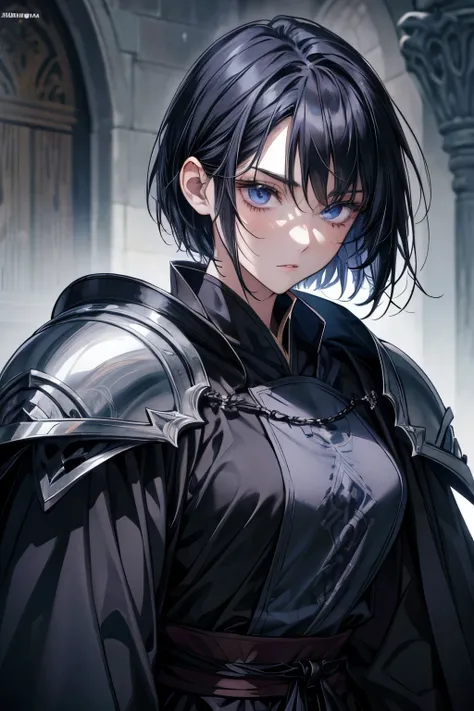 Masterpiece, anime, best quality, black clothes, fantasy, medieval, knight, warrior, black robe, black plate armor, sharp, coldness, beautiful woman, adult woman, solo, indigo eyes, indigo hair, short hair, straight hair, white skin, upper body, face, fron...