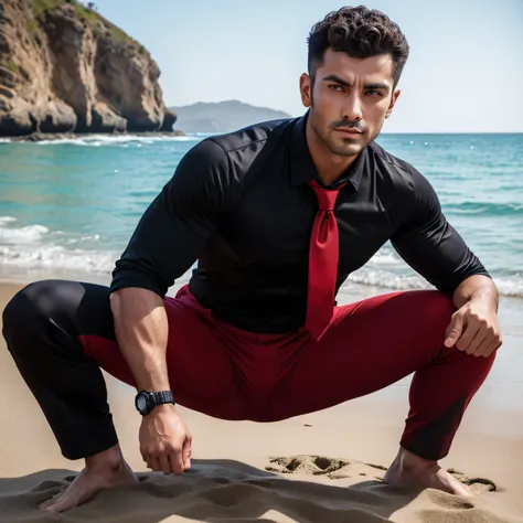 Age 30,One Man,、 muscular、Turkish handsome men。 black shirt ,Red tie、black slim pants、 short perm hair　sea、On the beach、In combat、　 black shirt、Red tie、black slim pants　View from below　 legs　 squats、handgun gear 、 cool battle pose 　 upper body lift with an...