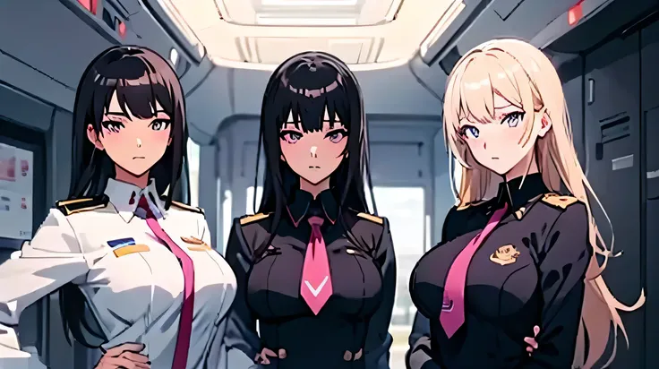  three girls in flight attendant uniforms ,  pilot head caps, ties ,  are standing next to each other, big breasts and hips,  girls have different hair and eye colors ,  long hair - black dark hair,  blond and white , pink, girls adults ,  Beautiful Makeup...