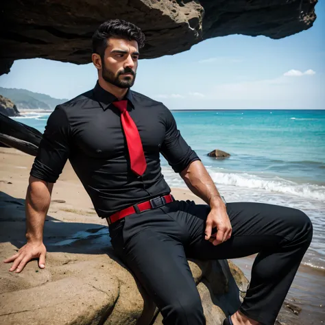 Age 30,One Man,、 muscular、Turkish handsome men。 black shirt ,Red tie、black slim pants、 short perm hair　sea、On the beach、In combat、　 black shirt、Red tie、black slim pants　View from below　 legs　 sit on rocks、handgun gear 、 cool battle pose 　 upper body lift w...