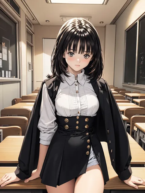 8k、 top quality 、(masterpiece:1.2)、Genuine、Super fine、 super high resolution 、1 person、 beautiful face、 perfect body、((Black Bob))、 waistline、( has a thin waist:1.3)、 Beautiful skin、 skin texture、Floating Hair、(uniform:1.1)、classroom、 blanking in the heart...