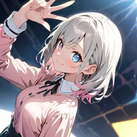 Make a peace sign、whole body、asymmetry bangs, swept bangs.,extends hands、 smile and be at peace with friends 、 、 wear a black hoodie Mike 、{{{masterpiece}}}, {{{ top quality}}}, {{ super detailed}}, {beautiful detailed eye},, ((Grey Hair)),(bangs), an...