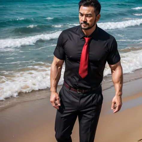 Age 50,One Man,、 muscular、Japanese handsome man。 black shirt ,Red tie、 short hair　、sea、On the beach、　 black shirt、Red tie、 stubble　faceのアップ　faceのドアップ　face　　　　faceのアップ　 black shirt、Menacing look