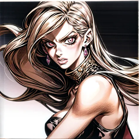 style, Hirohiko Araki art style, JoJos Bizarre Adventure style, facial focus, very detailed face, very detailed hair, hands away from face, perfect, perfect girl, solo portrait, portrait, one girl, photorealistic, Highres, soft smile, looking at camera, sh...
