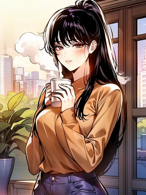 A young woman with long, black straight hair cascading over her shoulders, and black eyes that radiate kindness. She is wearing a cozy red sweater, slightly oversized, with the sleeves gently rolled up. The sweater hugs her figure in a casual yet elegant w...