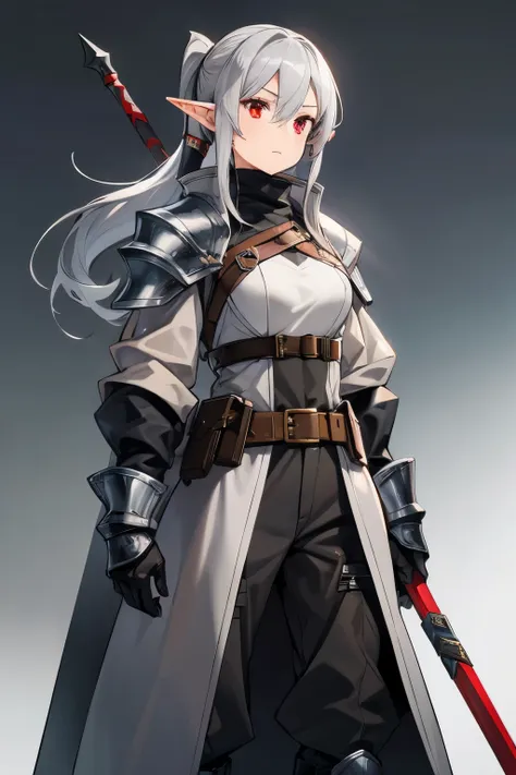 Grey Hair、female、One character、 Military 、 goggles on head、pants、 ponytail、 Long Coat、 small tits、 holding a long spear is hiding its mouth with a muffler、 random expression、He is tall,Combat Armor、 red eyes、war hammer、 elf ears、Ride on Dragon、shield、belt