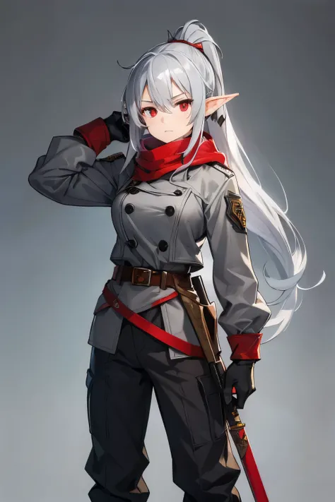 Grey Hair、female、One character、 Military 、 goggles on head、pants、 ponytail、 Long Coat、 small tits、 holding a long spear is hiding its mouth with a muffler、 random expression、He is tall, red eyes、war hammer、 elf ears、belt, private clothes,No Weapon