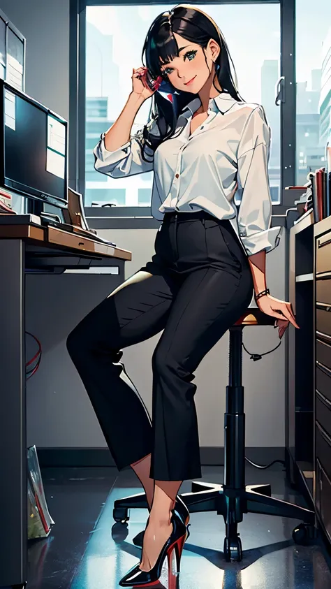 ((masterpiece, high resolution, better quality, better details)), ((Smiling)), ((one girl)) a girl speaking on the phone at a desk, full body, wearing a button-up blouse and wide-leg trousers, ((Louboutin high heels)), green eyes, ((black hair, long hair))...