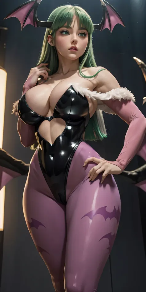 Morrigan her super thick breasts、 green hair、、8K, 4k,  of the highest quality ,  high resolution: 1.2),flicker、、cute anime face、 pink blush on the cheeks .、noise removal, very close to the screen ... (((her perfect body)))  that her body can be seen from h...