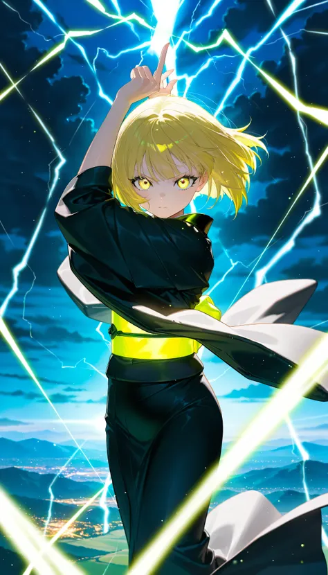 Masterpiece, Top Quality, Excellent Quality, Very Aesthetic , High Resolution, Ultra Detail, Absurd, Latest, Landscape, Colorful, Rim Light, Backlight, Best Detail, Cute Girl, (Cute: 1.2), Full Length, Bright Yellow Hair, Short Wavy Bob, Lightning In Her E...