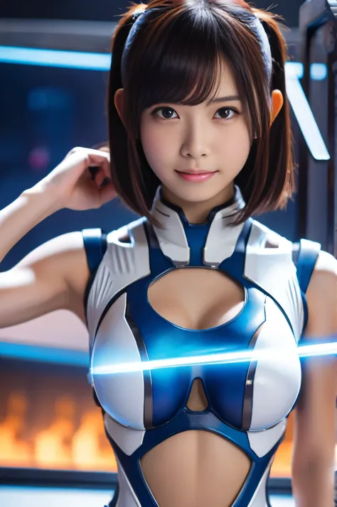 smile、nsfw,((top-quality、In 8K、​masterpiece:1.3)) wearing silvery mecha，Mechanized body, A girl with a delicate baby face， Max Image，Ultra Clear， She has delicate facial features and is transparent ，Armageddon，Machine Arm， exquisite details，( camel toe)、 m...