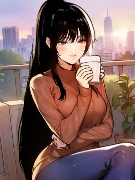 A young woman with long, black straight hair cascading over her shoulders, and black eyes that radiate kindness. She is wearing a cozy red sweater, slightly oversized, with the sleeves gently rolled up. The sweater hugs her figure in a casual yet elegant w...