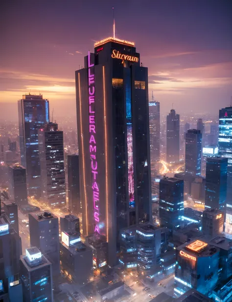 Top view, skyscraper directly above,Glass curtain wall,The exterior of the building is neon,UE5 Rendering,3D Rendering,Lumen lighting rendering ,Light and shadow enhancement
