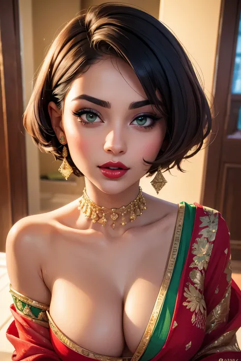 Amazing portrait of a sexy woman with her short hair in a bob style and her face covered with lots of makeup gazing at us seductive with her perfect red lips parted wearing a green saree in an empty bathroom