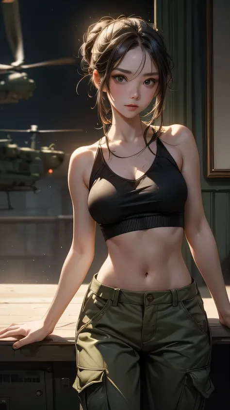 ((Highest quality)), A stunning masterpiece by Sam Yang, Portrait of a Beautiful Womans Upper Body, (Wearing an olive drab half tank top and cargo pants), military boots , (military style), (military movie scene), ((She is at an Army helicopter base in the...