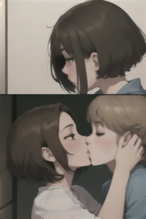 A brown-haired girl with short hair kisses a girl with blue short hair