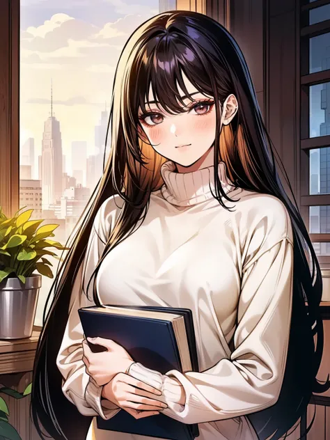 A young woman with long, black straight hair cascading over her shoulders, and black eyes that radiate kindness. She is wearing a cozy red sweater, slightly oversized, with the sleeves gently rolled up. The sweater hugs her figure in a casual yet elegant w...