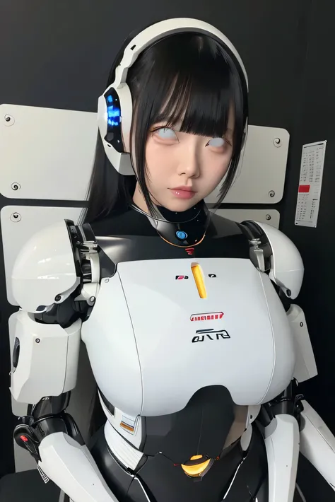 masterpiece, best quality, extremely detailed,  Japaese Cyborg girl,Plump , control panels,android,Droid,Mechanical Hand, Robot arms and legs, Black Robot Parts,Black hair,Mechanical body,Blunt bangs,White robotics parts,perfect robot girl,long tube,thick ...