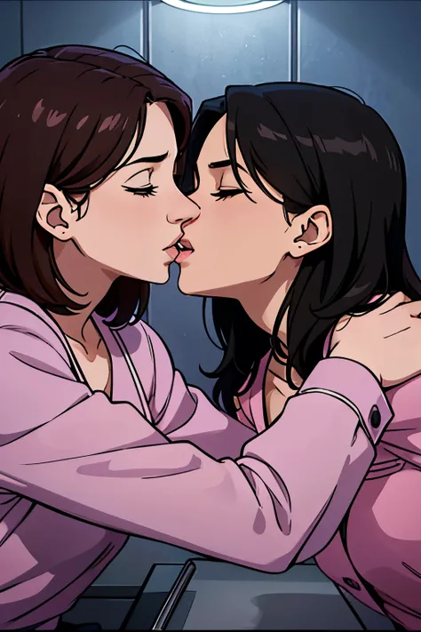 2girls:1.9, two lesbian girls kissing, yuri, yuri kiss, intertwined tongues, exchanging drool, shoulders and neck, sweaty, hot embrace, stringy drool, nurse, pink nurse uniform, empty hospital room, hidden, girls ging each other, face to face, wide s hot, ...